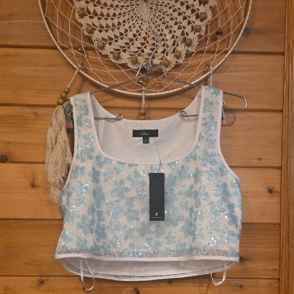 Lulu's Tank Crop Top White and Blue Sequin